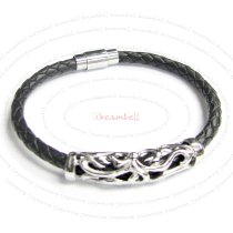 Stainless Steel Flower Charm Pendant 5mm Black Braided Bolo Leather Cord Magnetic Cuff Wristband Bracelet 8.0″