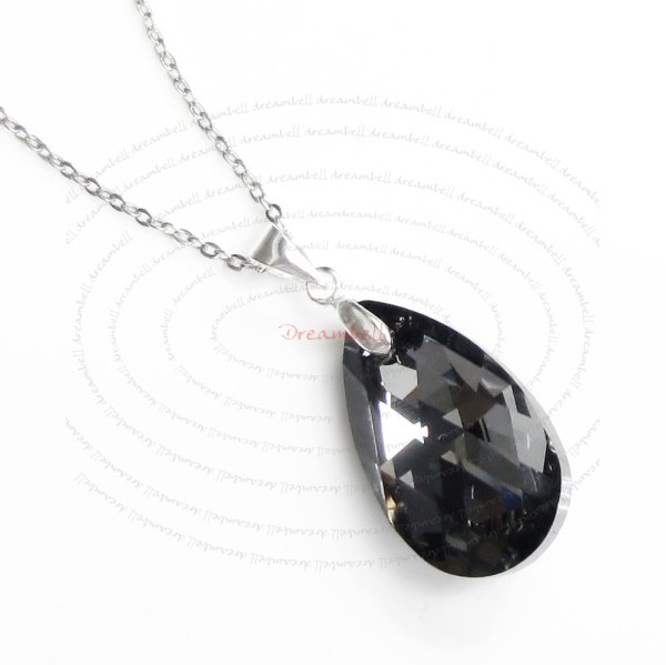 Teardrop Silver Night Pendant w/ Rhodium on Sterling Silver Adjustable Chain Necklace 16" with 2" Extender 18" Using Swarovski Elements Crystal