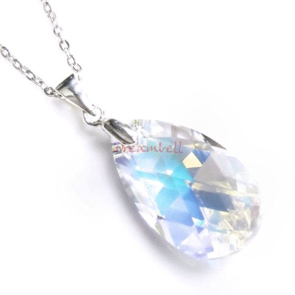 Teardrop Clear AB Pendant w/ Rhodium on Sterling Silver Adjustable Chain Necklace 16" with 2" Extender 18" Using Swarovski Elements Crystal
