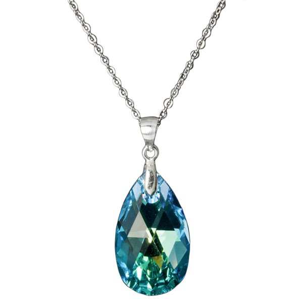 Teardrop Aquamarine Blue AB Pendant w/ Rhodium on Sterling Silver Adjustable Chain Necklace 16" with 2" Extender 18" Using Swarovski Elements Crystal