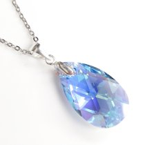 Teardrop Aquamarine Blue AB Pendant w/ Rhodium on Sterling Silver Adjustable Chain Necklace 16" with 2" Extender 18" Using Swarovski Elements Crystal