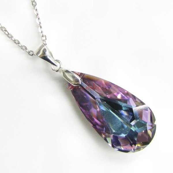 Teardrop Vitrial Light Purple Pendant w/ Rhodium on Sterling Silver Adjustable Chain Necklace 16" with 2" Extender 18" Using Swarovski Elements Crystal