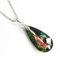 Teardrop Vitrial Medium Green Pendant w/ Rhodium on Sterling Silver Adjustable Chain Necklace 16″ with 2″ Extender 18″ Using Swarovski Elements Crystal