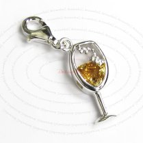 1x 925 Sterling Silver Wineglass Drink Cup Topaz CZ Dangle Pendant European Lobster Clip on Charm