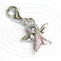1x 925 Sterling Silver Little Angel Pink and Clear CZ Dangle Pendant European Lobster Clip on Charm