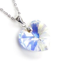 Love Heart Clear AB Pendant w/ Rhodium on Sterling Silver Adjustable Chain Necklace 16″ with 2″ Extender 18″ Using Swarovski Elements Crystal