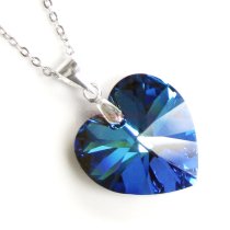 Love Heart Bermuda Blue Pendant w/ Rhodium on Sterling Silver Adjustable Chain Necklace 16″ with 2″ Extender 18″ Using Swarovski Elements Crystal