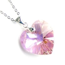 Love Heart Pink Rose Pendant w/ Rhodium on Sterling Silver Adjustable Chain Necklace 16″ with 2″ Extender 18″ Using Swarovski Elements Crystal