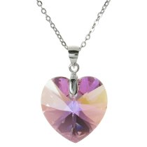 Love Heart Pink Rose Pendant w/ Rhodium on Sterling Silver Adjustable Chain Necklace 16" with 2" Extender 18" Using Swarovski Elements Crystal