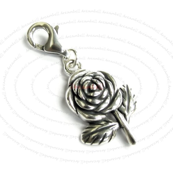 1x Sterling Silver Rose Flower Dangle Pendant European Lobster Clip on Charm