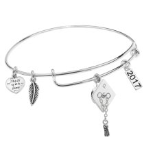 925 Sterling Silver Graduation Hat 2017 Made with Love Heart Feather Dangle Charm Adjustable Wire Bangle Bracelet