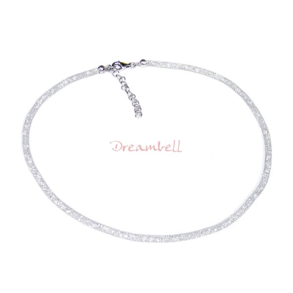 1x Rhodium on Sterling Silver Ribbon 3mm Clear CZ Crystal Choker Necklace for European Bead Charm 17.5"- 18.5" with Sterling Silver Lobster Clasp