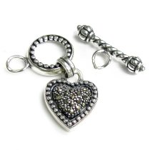 Sterling Silver Marcasite Heart Dangle Connector Pendant Charm Toggle Clasp