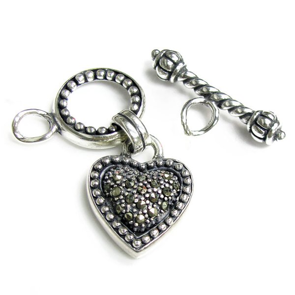 Sterling Silver Marcasite Heart Dangle Connector Pendant Charm Toggle Clasp