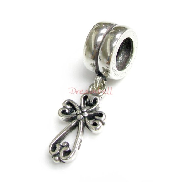 1x Sterling Silver Little Filigree Cross Dangle Bead for European Charm Bracelets