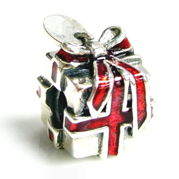 Antique 925 Sterling Silver Enamel Christmas Xmas Present European Screw-on Bead for European Charm Bracelets