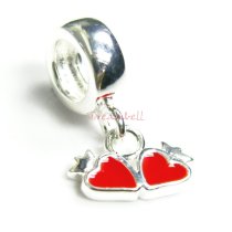 925 Sterling Silver Enamel Double Heart Love European Dangle Bead for European Charm Bracelets