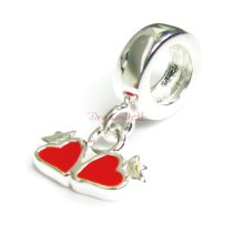 925 Sterling Silver Enamel Double Heart Love European Dangle Bead for European Charm Bracelets