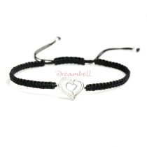 Rhodium on Sterling Silver Heart Charm Link Black Reefknot Knotted Wristband Adjustable Bracelet 6.5″