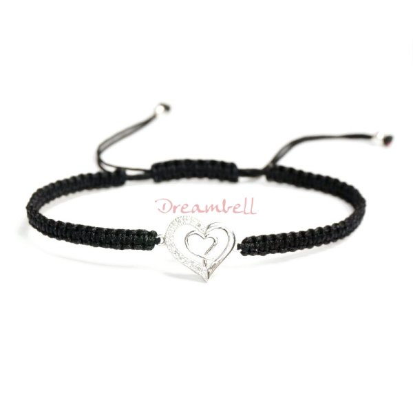 Rhodium on Sterling Silver Heart Charm Link Black Reefknot Knotted Wristband Adjustable Bracelet 6.5"