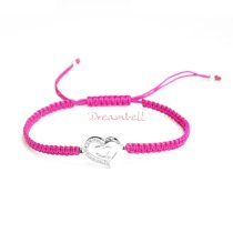 Rhodium on Sterling Silver Heart Charm Link Fuchsia Reefknot Knotted Wristband Adjustable Bracelet 6.5″