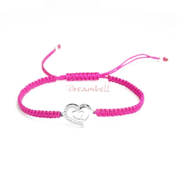 Rhodium on Sterling Silver Heart Charm Link Fuchsia Reefknot Knotted Wristband Adjustable Bracelet 6.5"