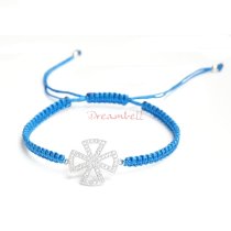 Rhodium on Sterling Silver Cross Charm Link Capri Blue Reefknot Knotted Wristband Adjustable Bracelet 6.5″
