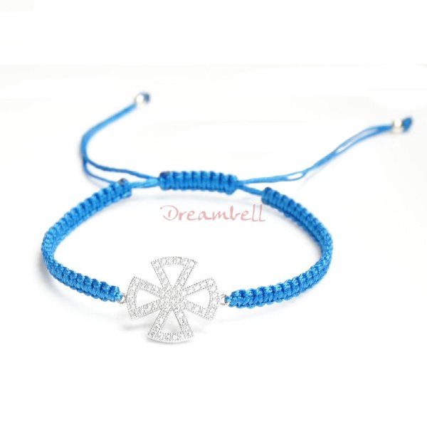 Rhodium on Sterling Silver Cross Charm Link Capri Blue Reefknot Knotted Wristband Adjustable Bracelet 6.5"