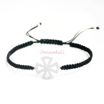 Rhodium on Sterling Silver Cross Charm Link Black Reefknot Knotted Wristband Adjustable Bracelet 6.5″