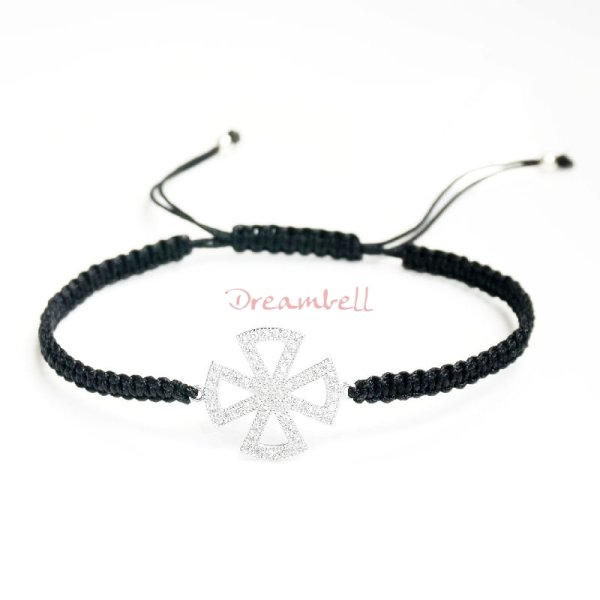 Rhodium on Sterling Silver Cross Charm Link Black Reefknot Knotted Wristband Adjustable Bracelet 6.5"