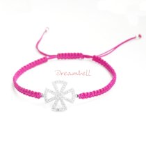 Rhodium on Sterling Silver Cross Charm Link Pink Rose Reefknot Knotted Wristband Adjustable Bracelet 6.5″