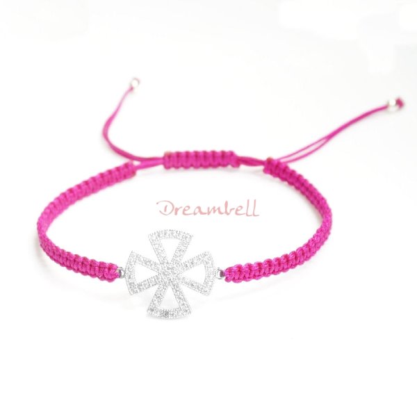 Rhodium on Sterling Silver Cross Charm Link Pink Rose Reefknot Knotted Wristband Adjustable Bracelet 6.5"