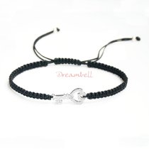 Rhodium on Sterling Silver Key Charm Link Black Reefknot Knotted Wristband Adjustable Bracelet 6.5″