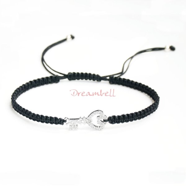 Rhodium on Sterling Silver Key Charm Link Black Reefknot Knotted Wristband Adjustable Bracelet 6.5"