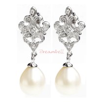 Sterling Silver Wedding Bridal Flower CZ White Fresh Water Pearl Dangle Earring
