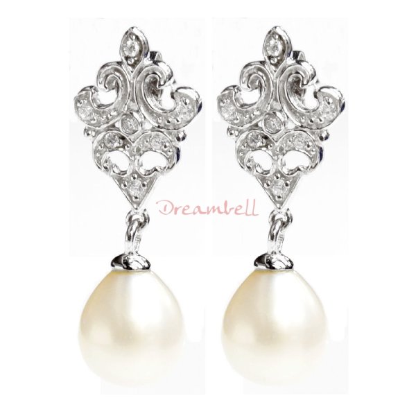 Sterling Silver Wedding Bridal Flower CZ White Fresh Water Pearl Dangle Earring