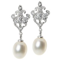 Sterling Silver Wedding Bridal Flower CZ White Fresh Water Pearl Dangle Earring
