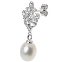 Sterling Silver Wedding Bridal Flower CZ White Fresh Water Pearl Dangle Earring
