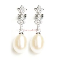Sterling Silver Wedding Bridal CZ Crown White Fresh Water Pearl Dangle Earring
