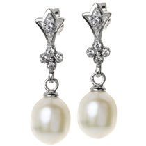 Sterling Silver Wedding Bridal CZ Crown White Fresh Water Pearl Dangle Earring