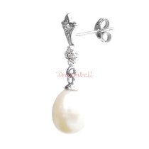 Sterling Silver Wedding Bridal CZ Crown White Fresh Water Pearl Dangle Earring