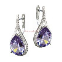 2x Rhodium on Sterling Silver Teardrop Tanzanite CZ Crystal Leverback Earring Set