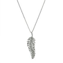 Rhodium on Sterling Silver Feathers Clear CZ Charm Pendant w/ Rhodium on Sterling Silver Oval Ring Rolo Link Cable Chain Necklace with Extender Spring Clasp 16″