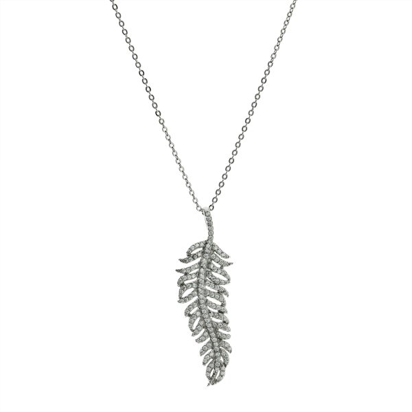 Rhodium on Sterling Silver Feathers Clear CZ Charm Pendant w/ Rhodium on Sterling Silver Oval Ring Rolo Link Cable Chain Necklace with Extender Spring Clasp 16"