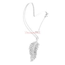 Rhodium on Sterling Silver Feathers Clear CZ Charm Pendant w/ Rhodium on Sterling Silver Oval Ring Rolo Link Cable Chain Necklace with Extender Spring Clasp 16"