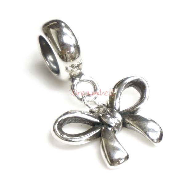 Antique 925 Sterling Silver Ribbon Dangle Bead for European Charm Bracelets