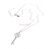 Rhodium on Sterling Silver Love Hear Key Clear CZ Charm Pendant w/ Rhodium on Sterling Silver Oval Ring Rolo Link Cable Chain Necklace with Extender Spring Clasp 16″