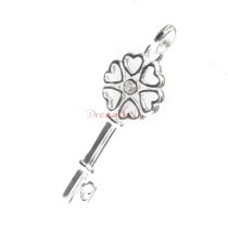 Rhodium on Sterling Silver Love Hear Key Clear CZ Charm Pendant w/ Rhodium on Sterling Silver Oval Ring Rolo Link Cable Chain Necklace with Extender Spring Clasp 16"
