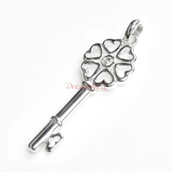 1x Rhodium on Sterling Silver Love Heart Key Clear CZ Charm Pendant