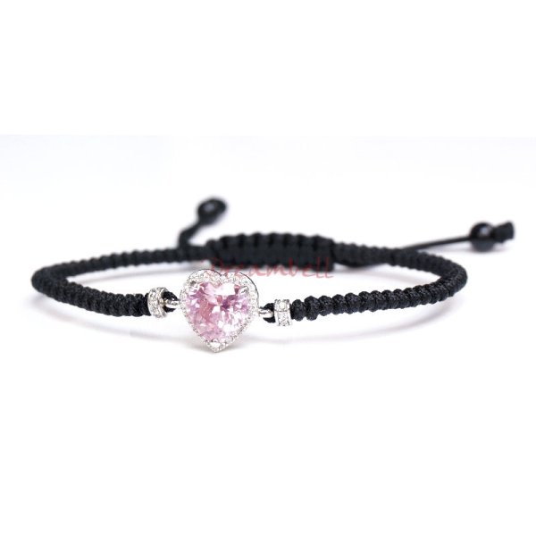 Sterling Silver Love Heart Light Pink Rose CZ Charm Knotted Wristband Adjustable Bracelet 6.5"